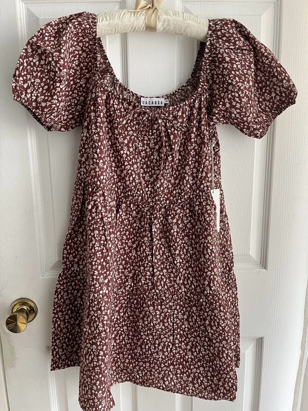 LACAUSA Floral Puff Sleeve Dress Mushroom Print SZ XS